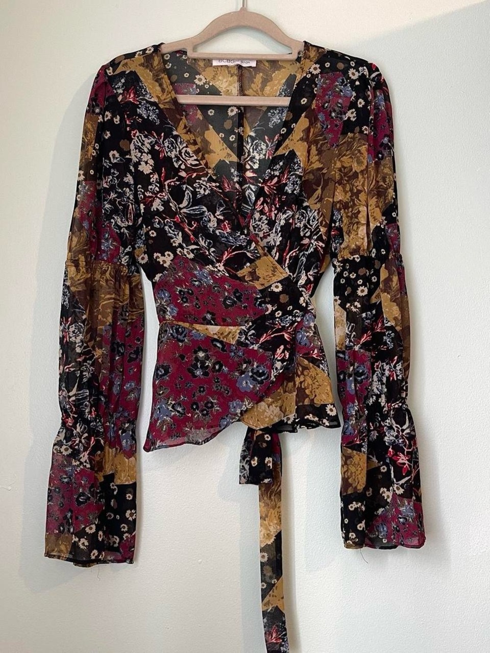 BCBGeneration Floral Wrap Blouse in Black, Burgundy & Mustard